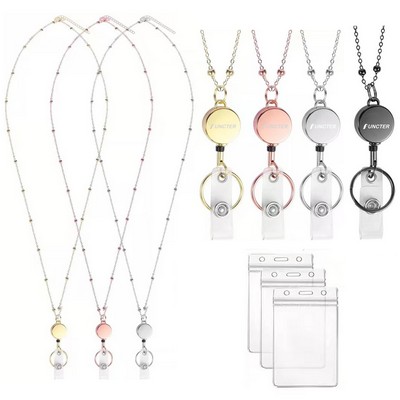 Retractable Metal Necklace Lanyard Badge Holder with Transparent ID Card Holder